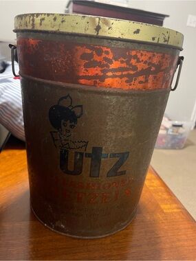 Vintage UTZ Metal Pretzel Tin - Rusted Copper & Olive Green